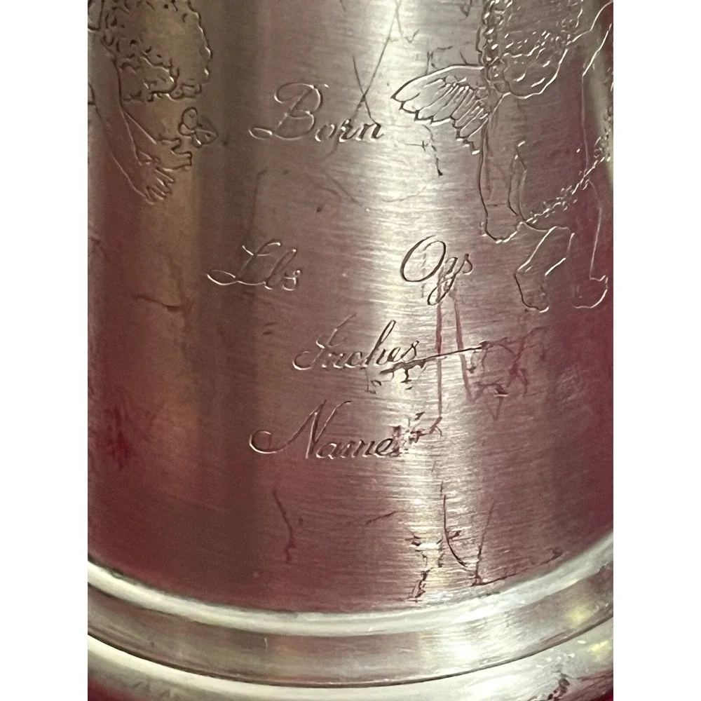 Vintage Sheffield England Pewter Baby Cup with Cherubs And Stork Handle